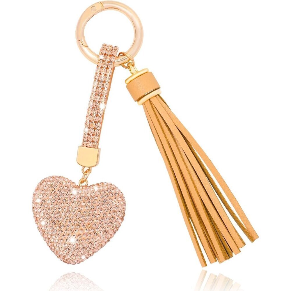 🆕Women Orange Charms Purse Crystal Key Ring Tassel Heart Shape Glitter Keychain